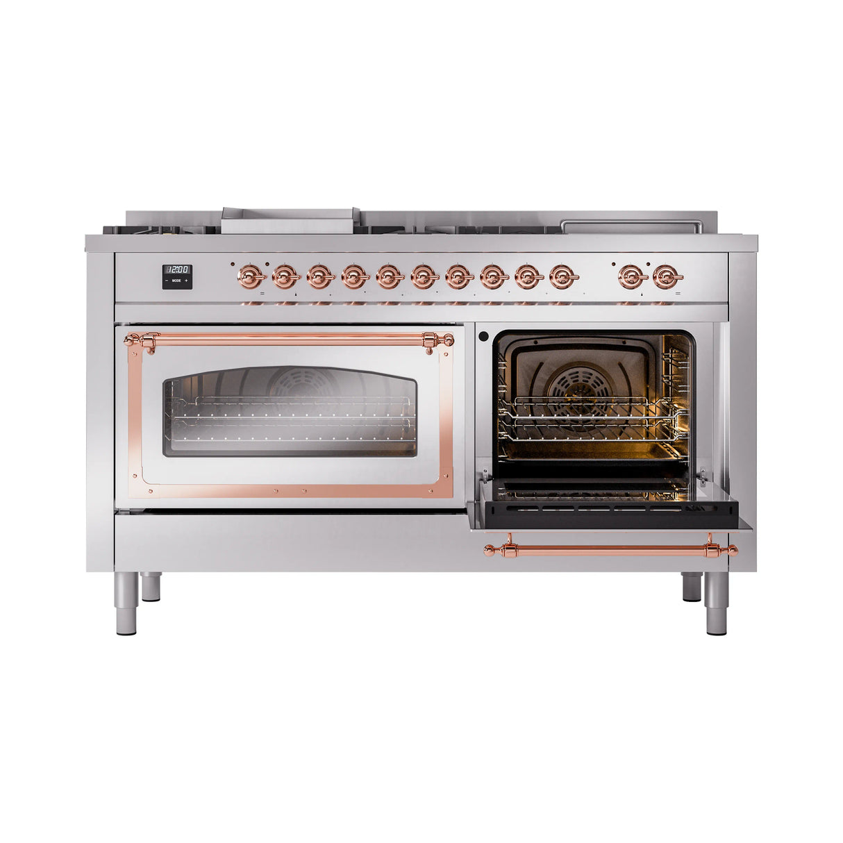 ILVE 60-Inch Nostalgie II Noblesse Propane Gas Dual Fuel Range with 7 Sealed Burners, Griddle, French Top and Triple Glass Door Oven in Stainless Steel with Copper Trim (UN60FSNMPSSPLP)