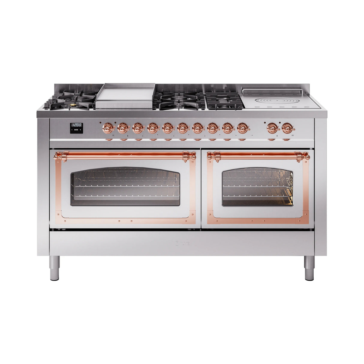 ILVE 60-Inch Nostalgie II Noblesse Propane Gas Dual Fuel Range with 7 Sealed Burners, Griddle, French Top and Triple Glass Door Oven in Stainless Steel with Copper Trim (UN60FSNMPSSPLP)