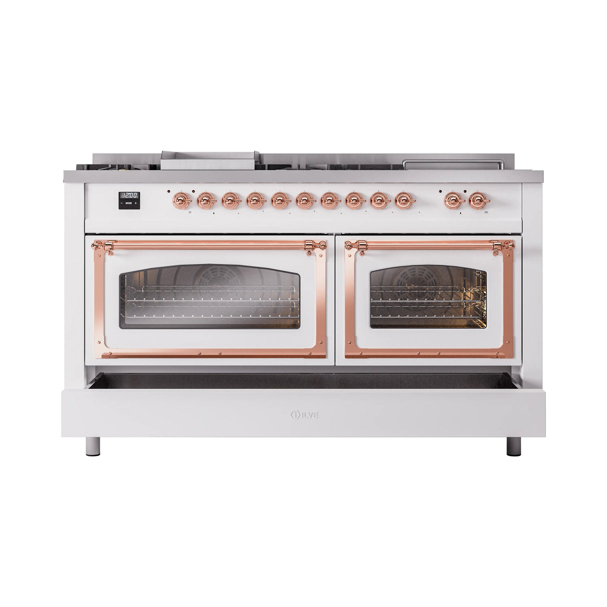 ILVE 60-Inch Nostalgie II Noblesse Natural Gas Dual Fuel Range with 7 Sealed Burners, Griddle, French Top, and Triple Glass Door Oven in White with Copper Trim (UN60FSNMPWHP)
