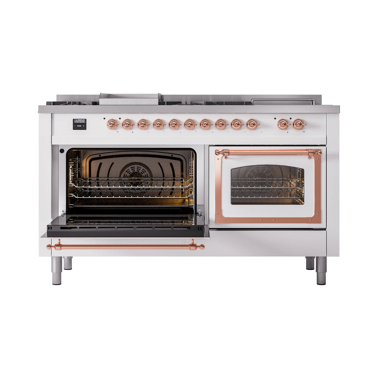 ILVE 60-Inch Nostalgie II Noblesse Natural Gas Dual Fuel Range with 7 Sealed Burners, Griddle, French Top, and Triple Glass Door Oven in White with Copper Trim (UN60FSNMPWHP)