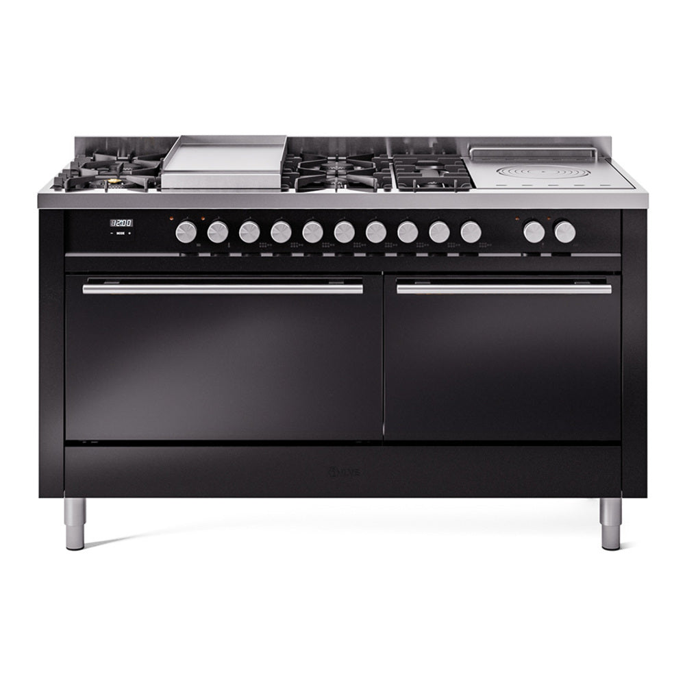 ILVE Professional Plus II 60-Inch Propane Gas Dual Fuel Range with 7 Burners, Griddle, & French Top with Solid Door Oven in Glossy Black (UP60FSQMPBKLP)
