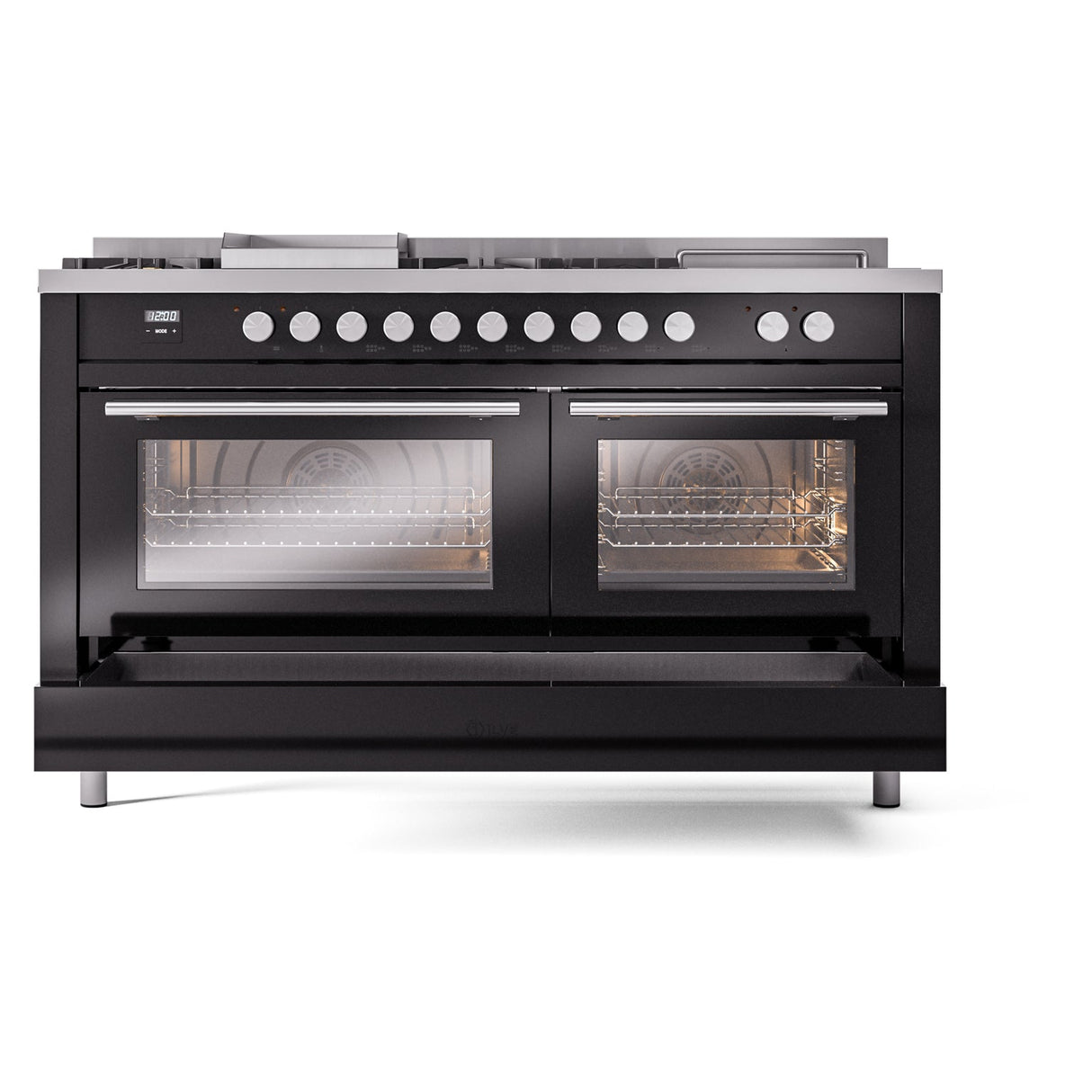 ILVE Professional Plus II 60-Inch Propane Gas Dual Fuel Range with 7 Burners, Griddle, & French Top with Solid Door Oven in Glossy Black (UP60FSQMPBKLP)