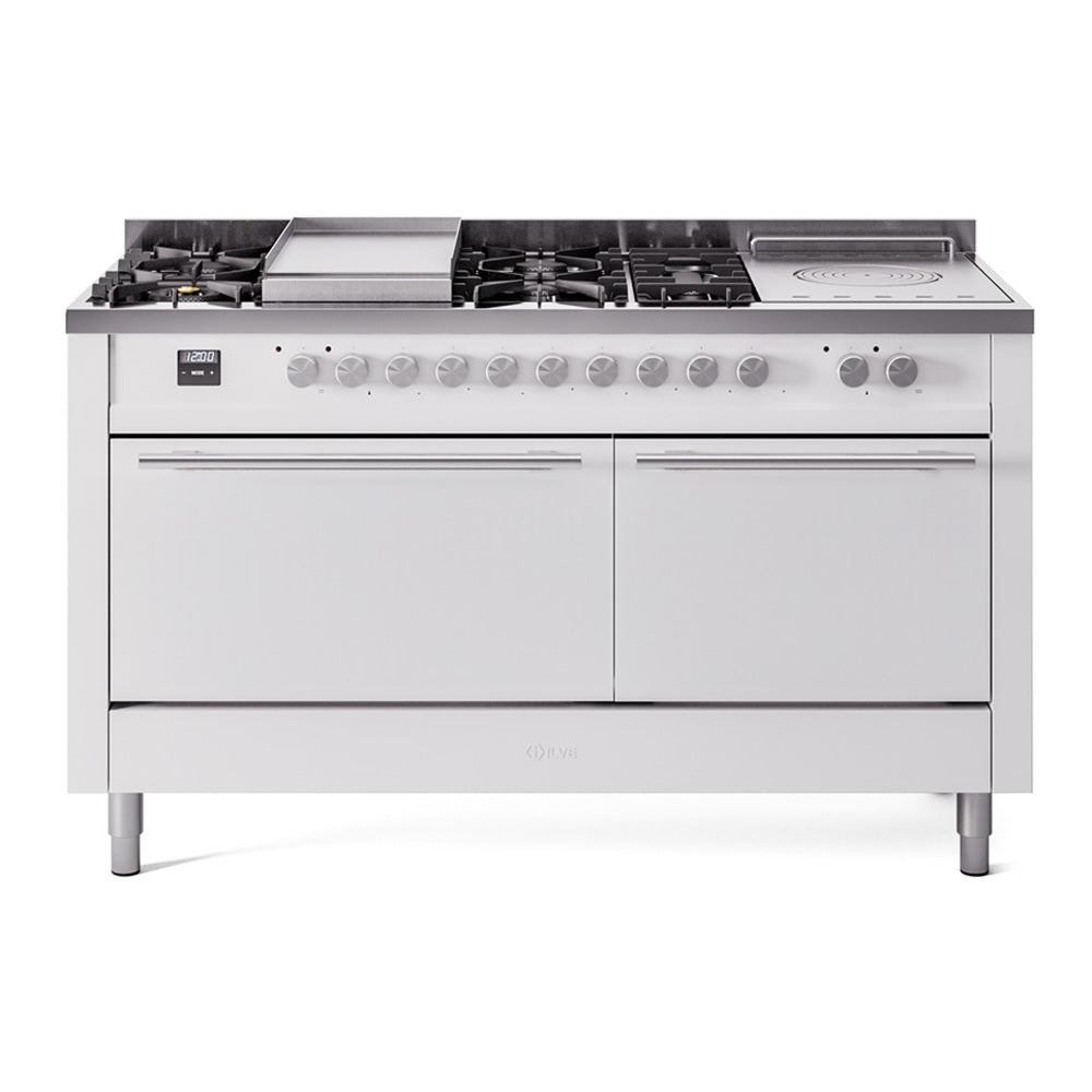 ILVE Professional Plus II 60-Inch Natural Gas Dual Fuel Range with 7 Burners, Griddle, & French Top with Solid Door Oven in White (UP60FSQMPWH)