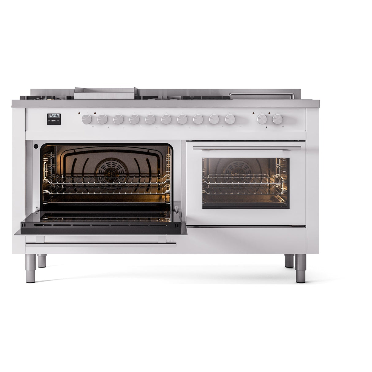 ILVE Professional Plus II 60-Inch Natural Gas Dual Fuel Range with 7 Burners, Griddle, & French Top with Solid Door Oven in White (UP60FSQMPWH)