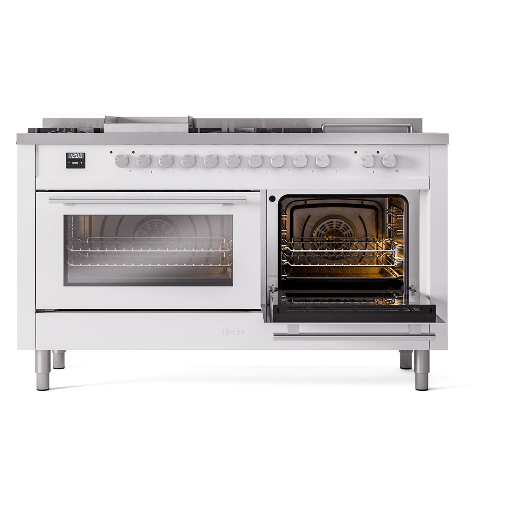 ILVE Professional Plus II 60-Inch Natural Gas Dual Fuel Range with 7 Burners, Griddle, & French Top with Solid Door Oven in White (UP60FSQMPWH)