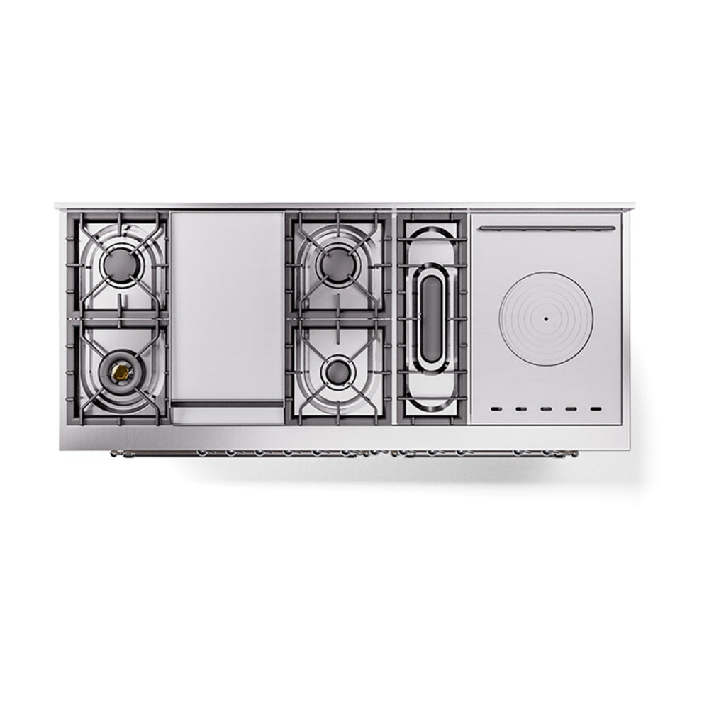 ILVE Nostalgie II 60-Inch Propane Gas Dual Fuel Range with 7 Burners, Griddle, & French Top with Solid Door Oven in Antique White with Chrome Trim (UP60FSQNMPAWCLP)