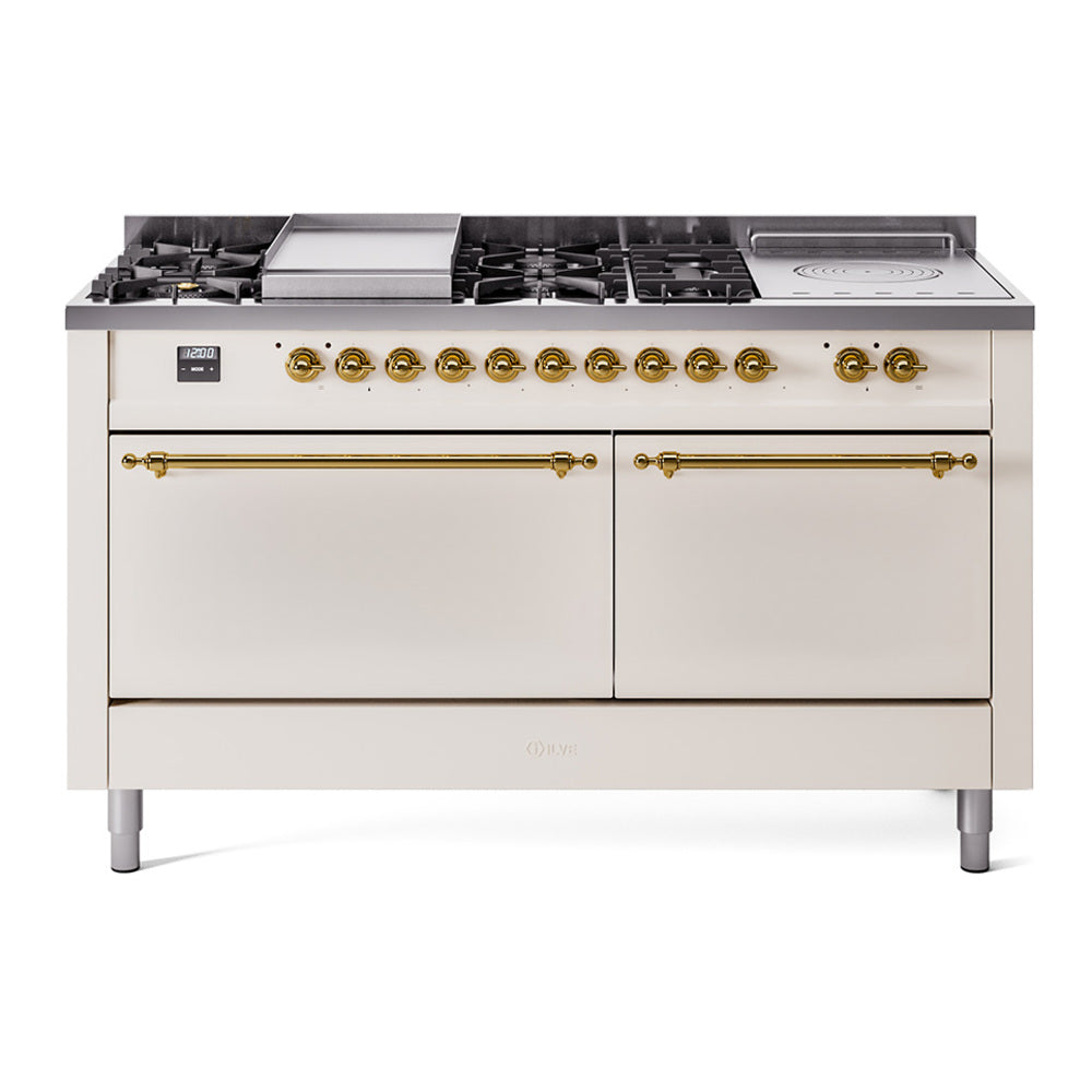 ILVE Nostalgie II 60-Inch Propane Gas Dual Fuel Range with 7 Burners, Griddle, & French Top with Solid Door Oven in Antique White with Brass Trim (UP60FSQNMPAWGLP)