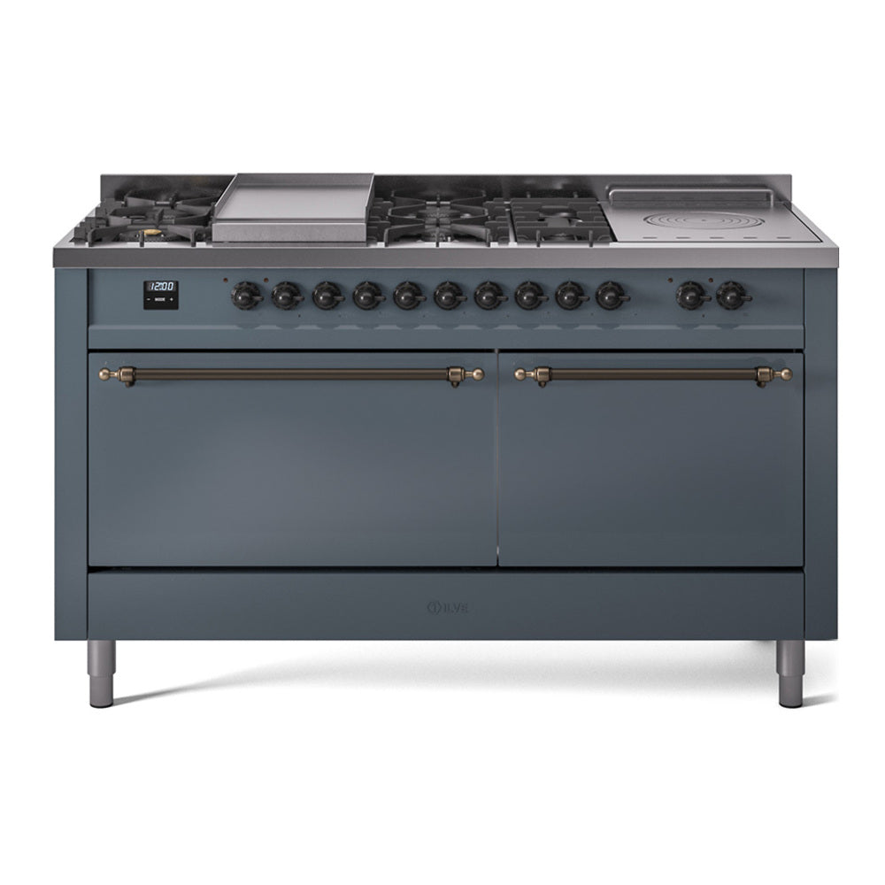 ILVE Nostalgie II 60-Inch Propane Gas Dual Fuel Range with 7 Burners, Griddle, & French Top with Solid Door Oven in Blue Grey with Bronze Trim (UP60FSQNMPBGBLP)