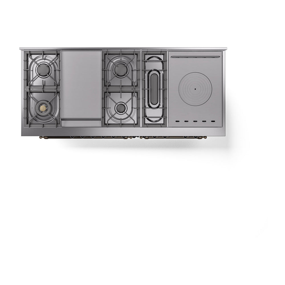 ILVE Nostalgie II 60-Inch Propane Gas Dual Fuel Range with 7 Burners, Griddle, & French Top with Solid Door Oven in Blue Grey with Bronze Trim (UP60FSQNMPBGBLP)