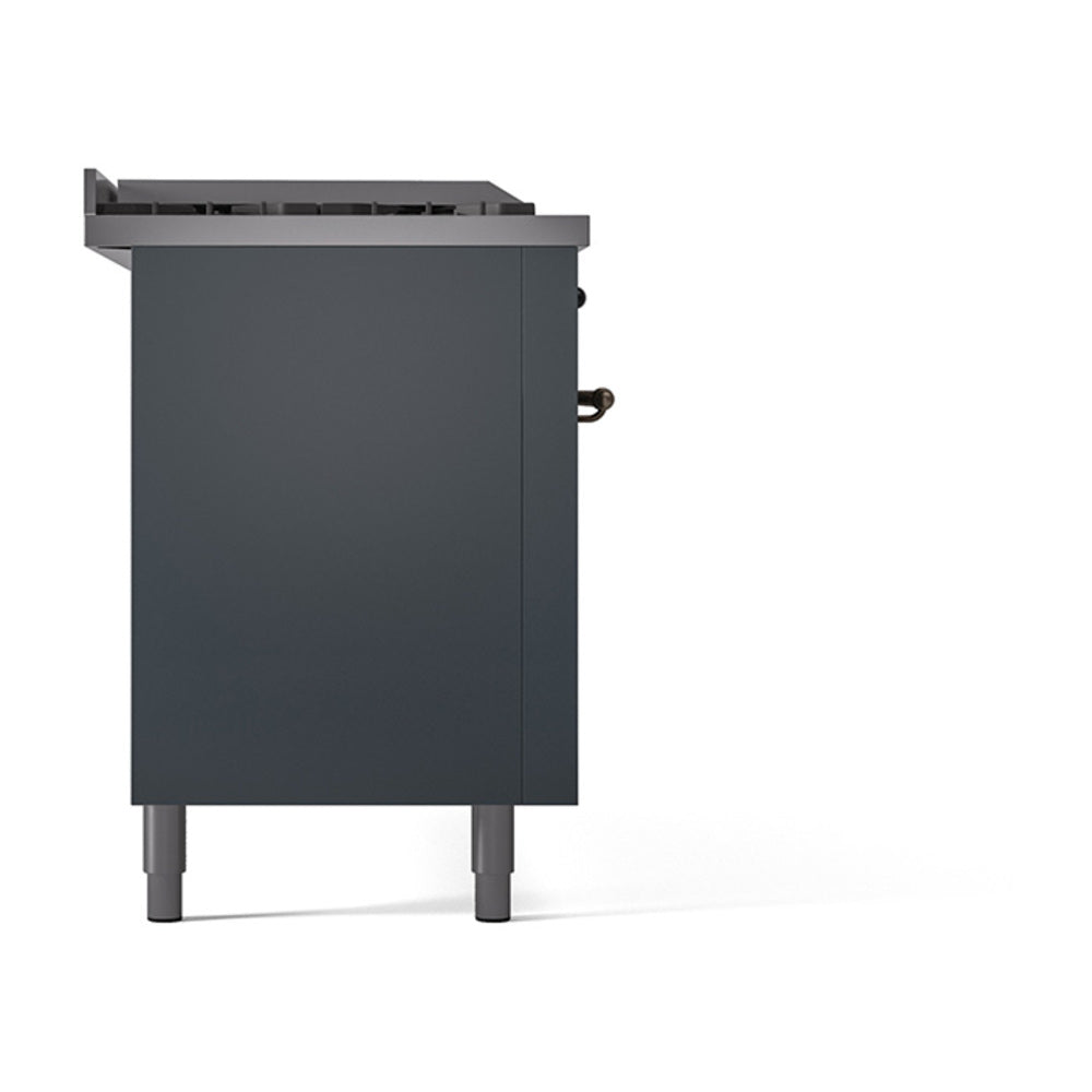 ILVE Nostalgie II 60-Inch Natural Gas Dual Fuel Range with 7 Burners, Griddle, & French Top with Solid Door Oven in Blue Grey with Bronze Trim (UP60FSQNMPBGB)