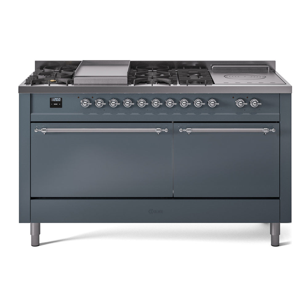 ILVE Nostalgie II 60-Inch Propane Gas Dual Fuel Range with 7 Burners, Griddle, & French Top with Solid Door Oven in Blue Grey with Chrome Trim (UP60FSQNMPBGCLP)