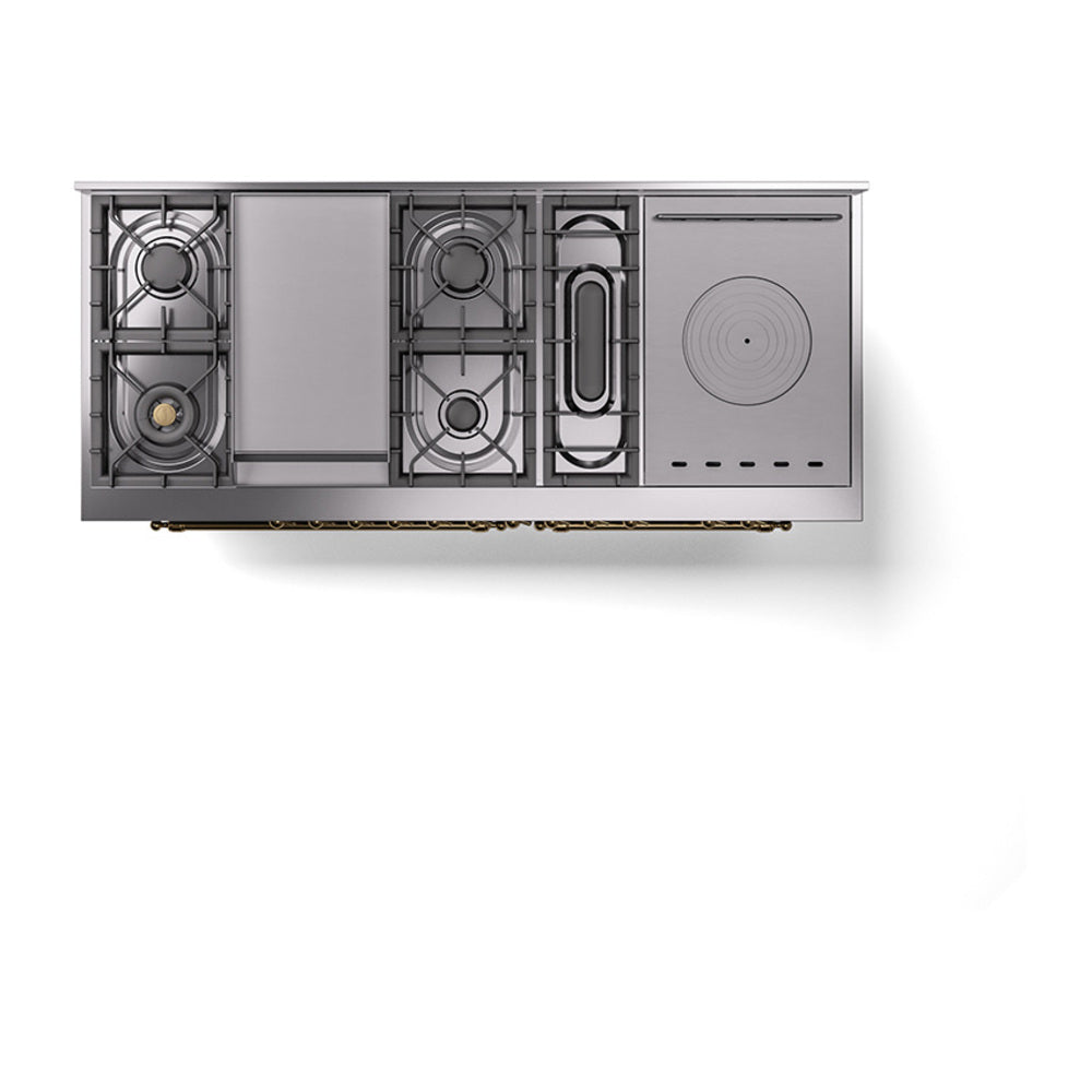 ILVE Nostalgie II 60-Inch Propane Gas Dual Fuel Range with 7 Burners, Griddle, & French Top with Solid Door Oven in Blue Grey with Brass Trim (UP60FSQNMPBGGLP)