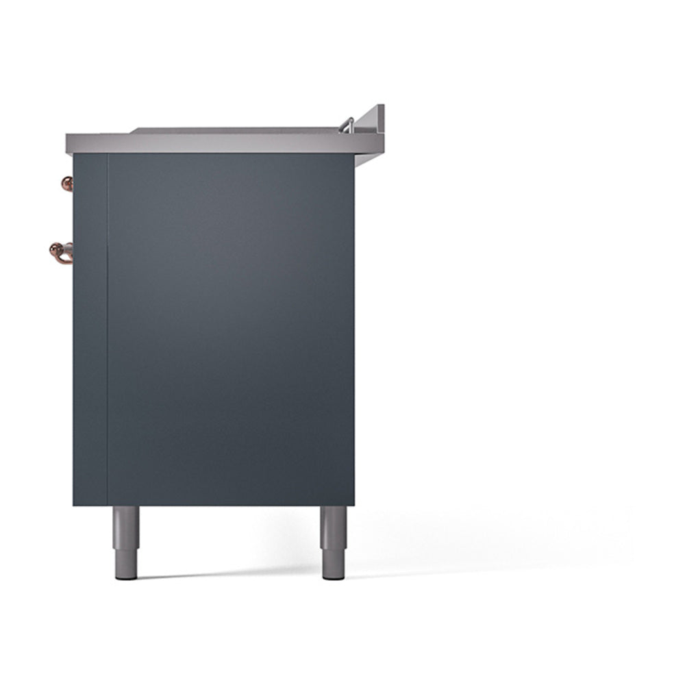 ILVE Nostalgie II 60-Inch Propane Gas Dual Fuel Range with 7 Burners, Griddle, & French Top with Solid Door Oven in Blue Grey with Copper Trim (UP60FSQNMPBGPLP)