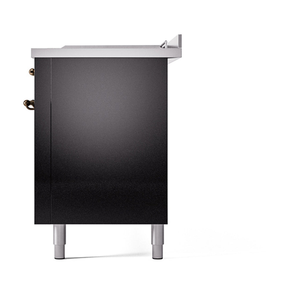 ILVE Nostalgie II 60-Inch Propane Gas Dual Fuel Range with 7 Burners, Griddle, & French Top with Solid Door Oven in Glossy Black with Bronze Trim (UP60FSQNMPBKBLP)