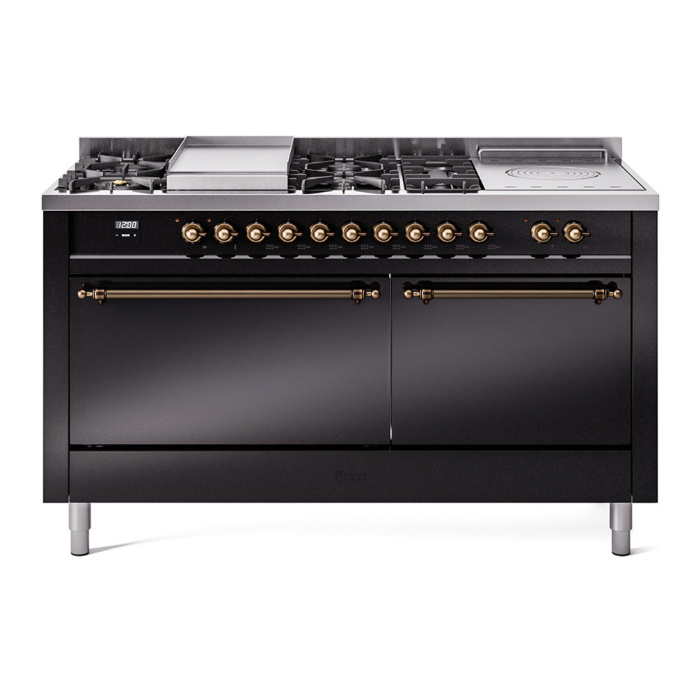 ILVE Nostalgie II 60-Inch Natural Gas Dual Fuel Range with 7 Burners, Griddle, & French Top with Solid Door Oven in Glossy Black with Bronze Trim (UP60FSQNMPBKB)