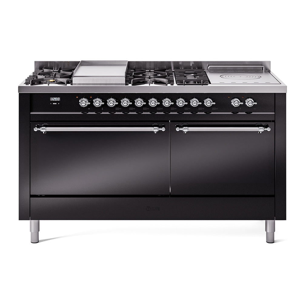 ILVE Nostalgie II 60-Inch Propane Gas Dual Fuel Range with 7 Burners, Griddle, & French Top with Solid Door Oven in Glossy Black with Chrome Trim (UP60FSQNMPBKCLP)