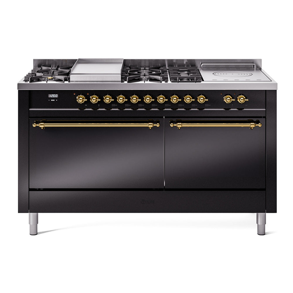 ILVE Nostalgie II 60-Inch Natural Gas Dual Fuel Range with 7 Burners, Griddle, & French Top with Solid Door Oven in Glossy Black with Brass Trim (UP60FSQNMPBKG)