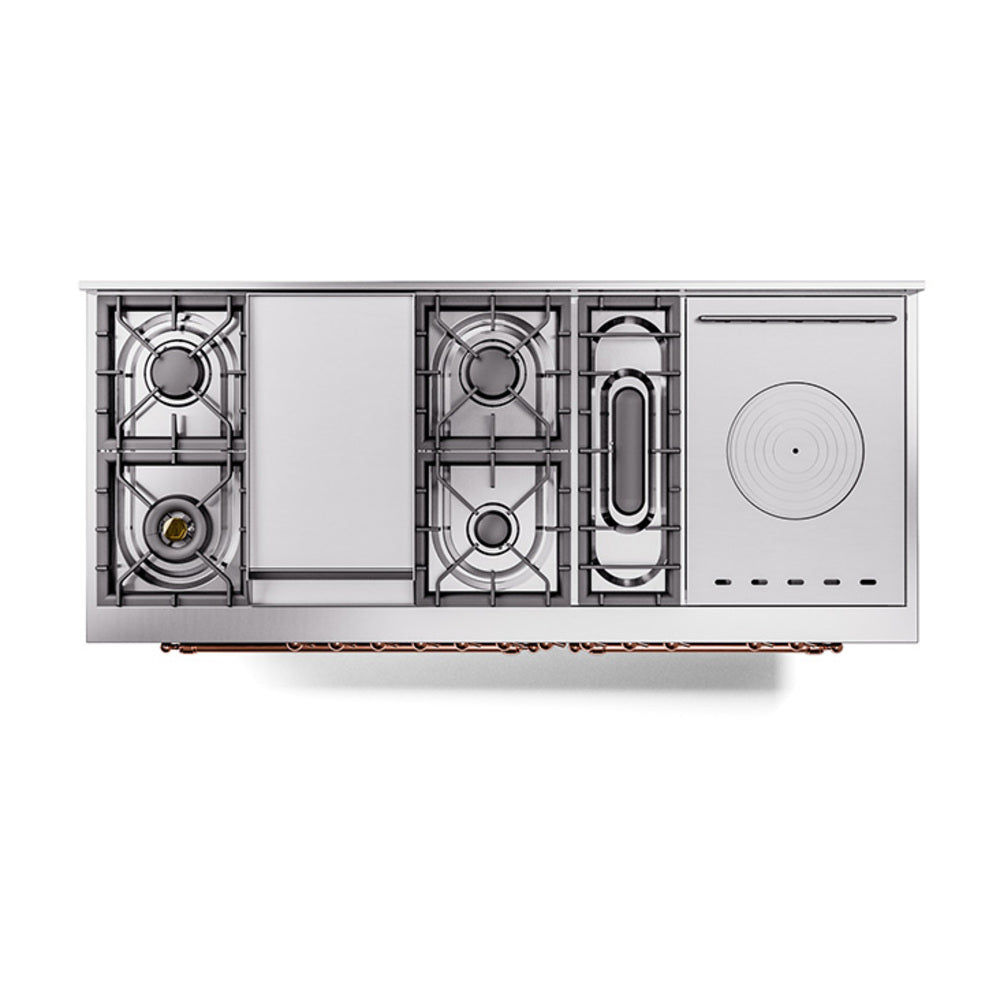 ILVE Nostalgie II 60-Inch Propane Gas Dual Fuel Range with 7 Burners, Griddle, & French Top with Solid Door Oven in Glossy Black with Copper Trim (UP60FSQNMPBKPLP)