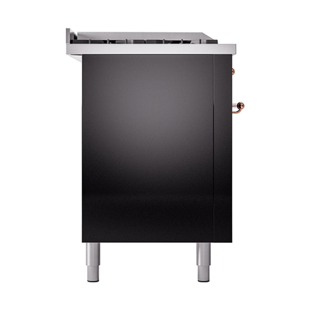 ILVE Nostalgie II 60-Inch Propane Gas Dual Fuel Range with 7 Burners, Griddle, & French Top with Solid Door Oven in Glossy Black with Copper Trim (UP60FSQNMPBKPLP)