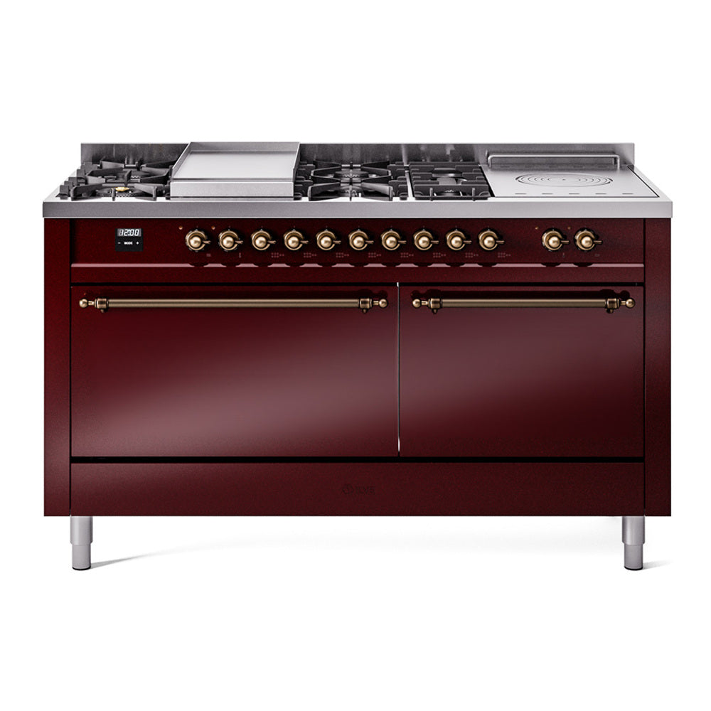 ILVE Nostalgie II 60-Inch Propane Gas Dual Fuel Range with 7 Burners, Griddle, & French Top with Solid Door Oven in Burgundy with Bronze Trim (UP60FSQNMPBUBLP)