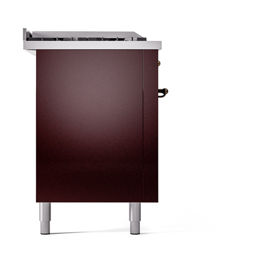 ILVE Nostalgie II 60-Inch Propane Gas Dual Fuel Range with 7 Burners, Griddle, & French Top with Solid Door Oven in Burgundy with Bronze Trim (UP60FSQNMPBUBLP)