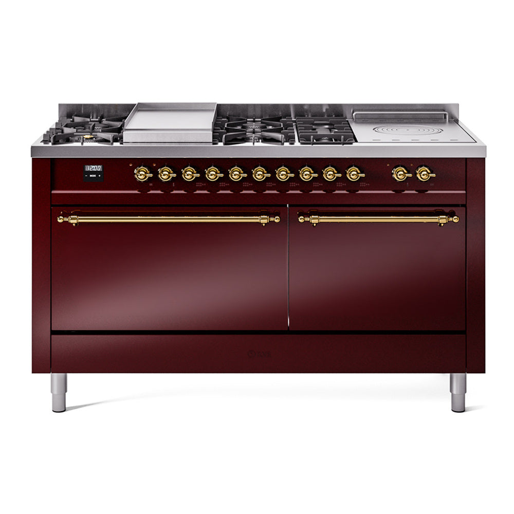 ILVE Nostalgie II 60-Inch Propane Gas Dual Fuel Range with 7 Burners, Griddle, & French Top with Solid Door Oven in Burgundy with Brass Trim (UP60FSQNMPBUGLP)