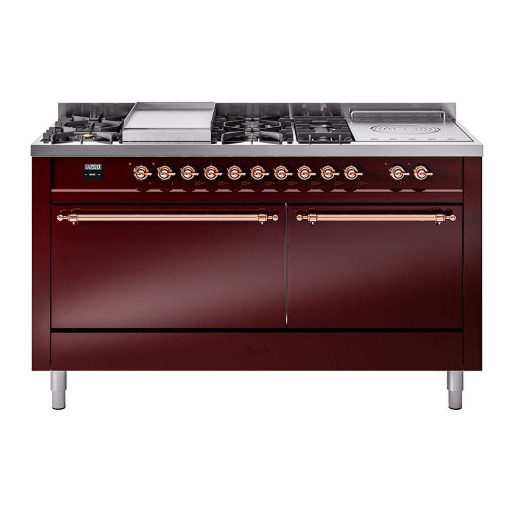 ILVE Nostalgie II 60-Inch Natural Gas Dual Fuel Range with 7 Burners, Griddle, & French Top with Solid Door Oven in Burgundy with Copper Trim (UP60FSQNMPBUP)