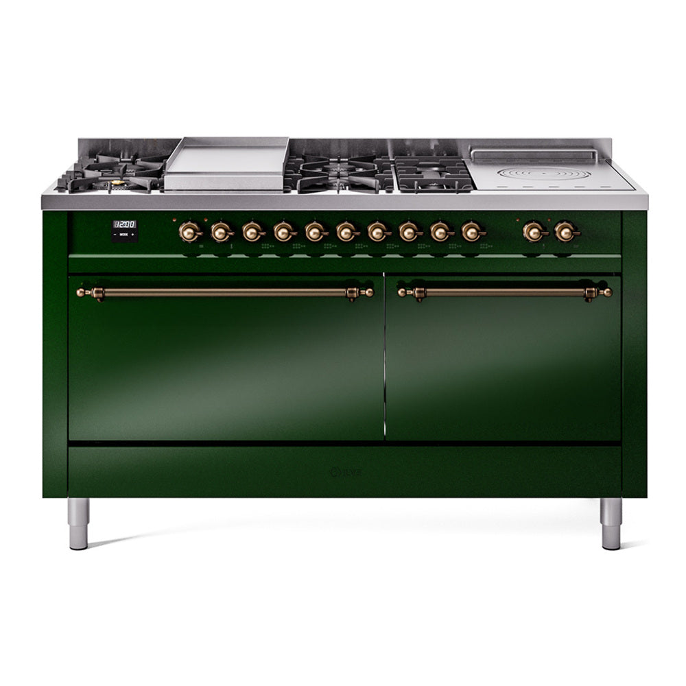 ILVE Nostalgie II 60-Inch Propane Gas Dual Fuel Range with 7 Burners, Griddle, & French Top with Solid Door Oven in Emerald Green with Bronze Trim (UP60FSQNMPEGBLP)