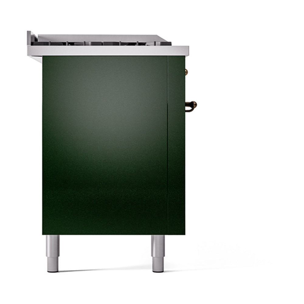 ILVE Nostalgie II 60-Inch Propane Gas Dual Fuel Range with 7 Burners, Griddle, & French Top with Solid Door Oven in Emerald Green with Bronze Trim (UP60FSQNMPEGBLP)