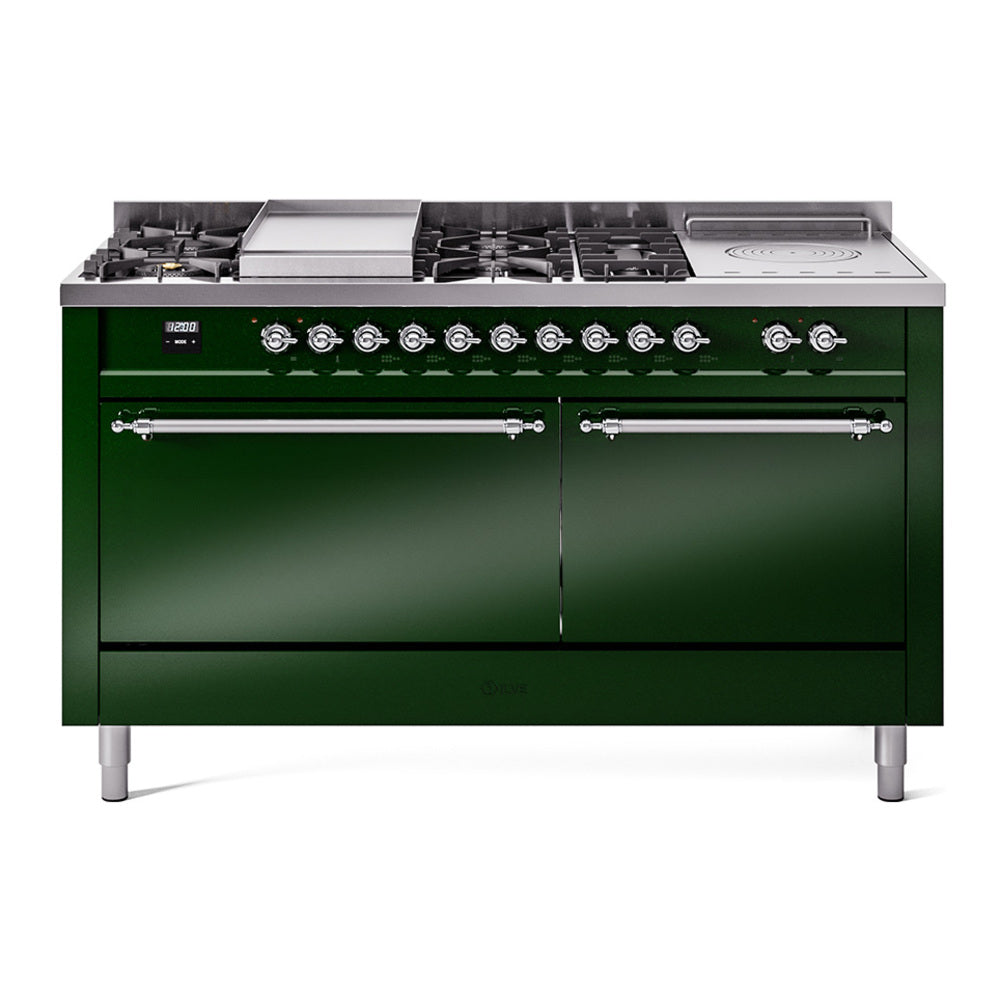 ILVE Nostalgie II 60-Inch Propane Gas Dual Fuel Range with 7 Burners, Griddle, & French Top with Solid Door Oven in Emerald Green with Chrome Trim (UP60FSQNMPEGCLP)
