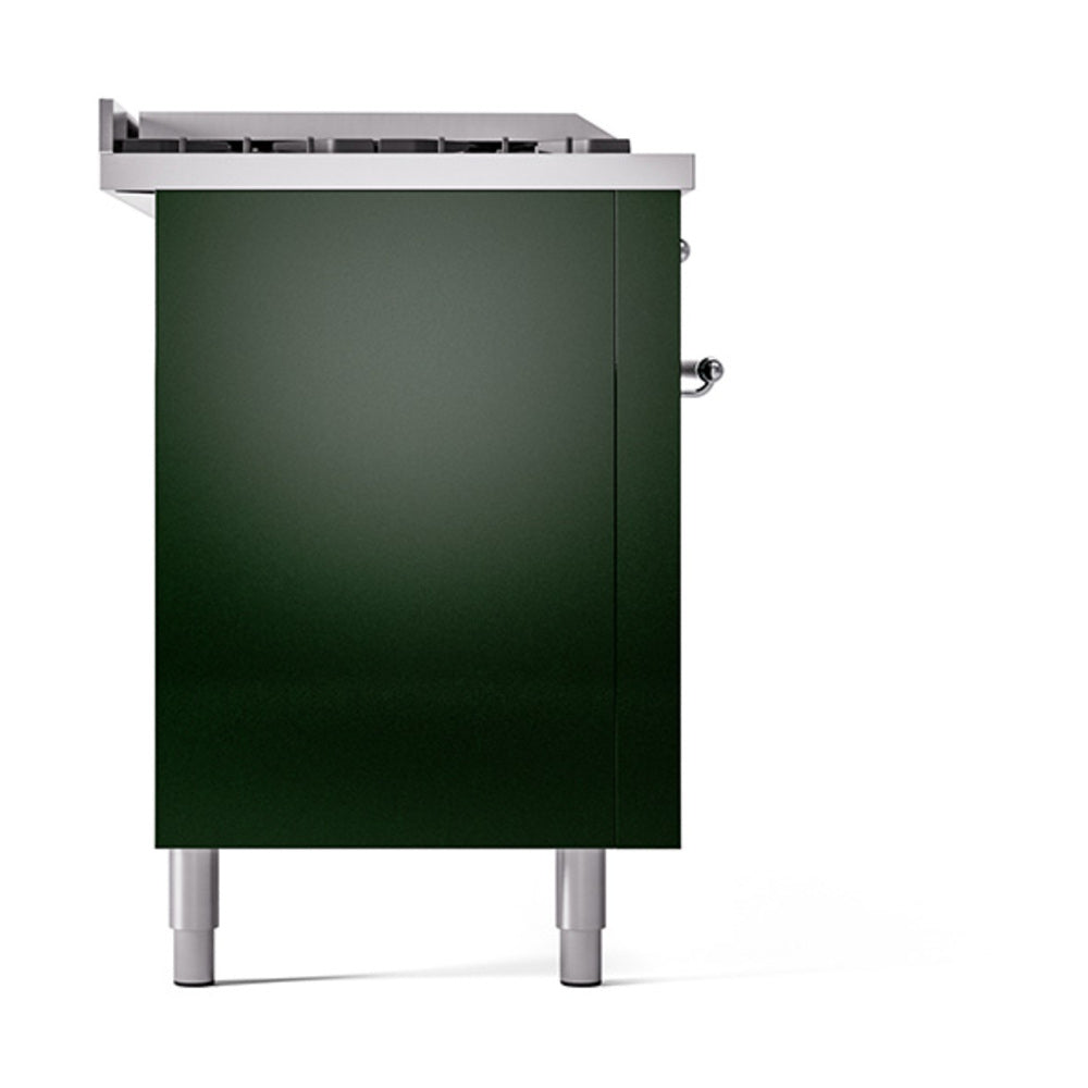 ILVE Nostalgie II 60-Inch Propane Gas Dual Fuel Range with 7 Burners, Griddle, & French Top with Solid Door Oven in Emerald Green with Chrome Trim (UP60FSQNMPEGCLP)