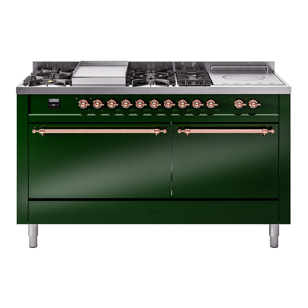 ILVE Nostalgie II 60-Inch Propane Gas Dual Fuel Range with 7 Burners, Griddle, & French Top with Solid Door Oven in Emerald Green with Copper Trim (UP60FSQNMPEGPLP)