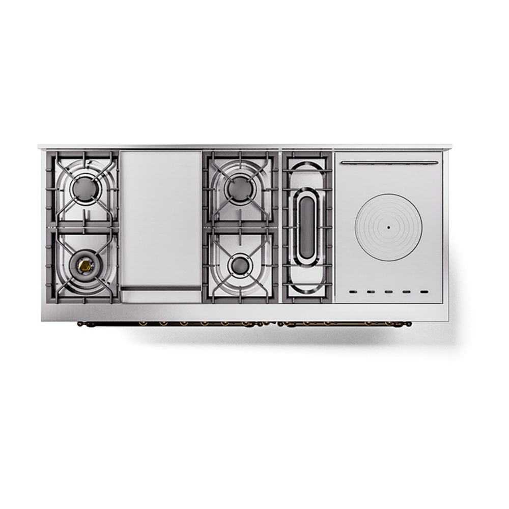 ILVE Nostalgie II 60-Inch Propane Gas Dual Fuel Range with 7 Burners, Griddle, & French Top with Solid Door Oven in Midnight Blue with Bronze Trim (UP60FSQNMPMBBLP)
