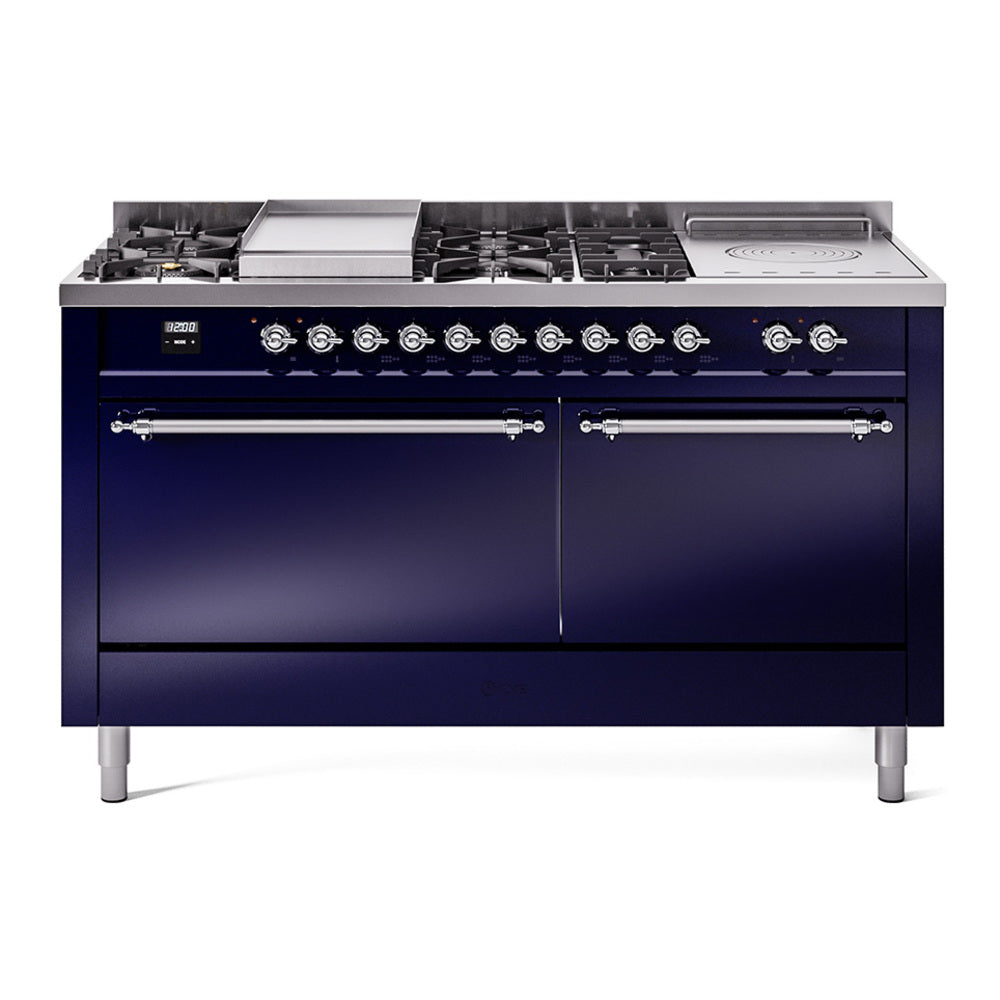 ILVE Nostalgie II 60-Inch Propane Gas Dual Fuel Range with 7 Burners, Griddle, & French Top with Solid Door Oven in Midnight Blue with Chrome Trim (UP60FSQNMPMBCLP)