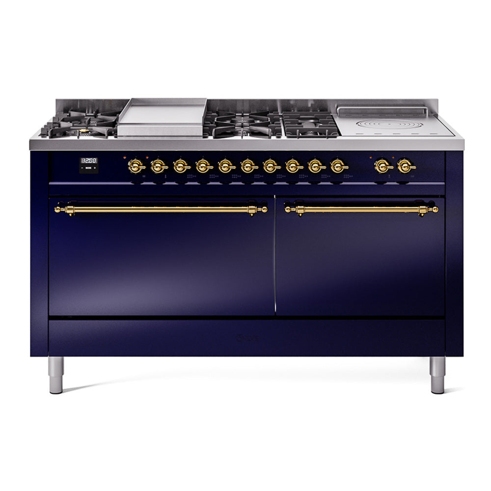ILVE Nostalgie II 60-Inch Propane Gas Dual Fuel Range with 7 Burners, Griddle, & French Top with Solid Door Oven in Midnight Blue with Brass Trim (UP60FSQNMPMBGLP)