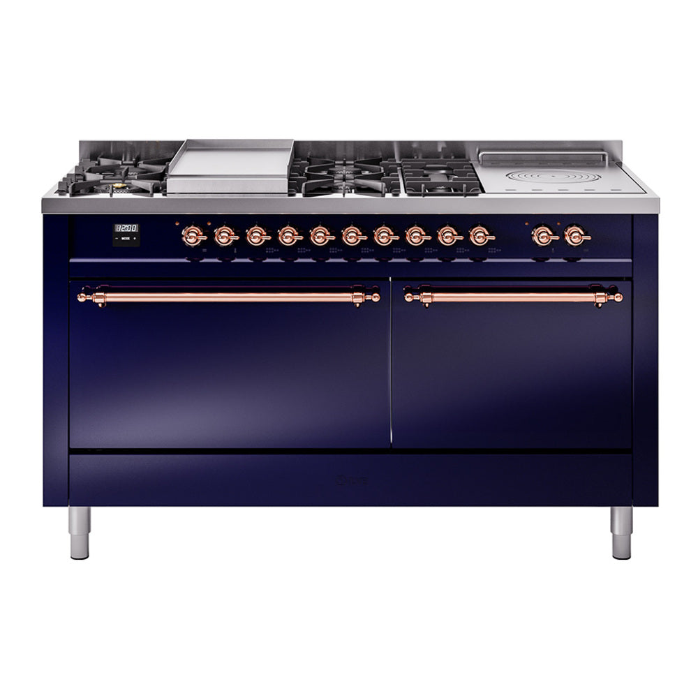 ILVE Nostalgie II 60-Inch Propane Gas Dual Fuel Range with 7 Burners, Griddle, & French Top with Solid Door Oven in Midnight Blue with Copper Trim (UP60FSQNMPMBPLP)