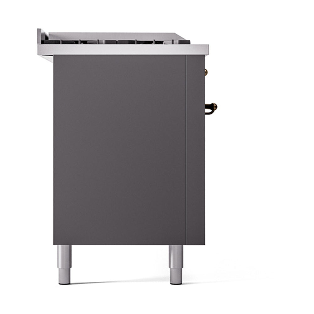 ILVE Nostalgie II 60-Inch Propane Gas Dual Fuel Range with 7 Burners, Griddle, & French Top with Solid Door Oven in Matte Graphite with Bronze Trim (UP60FSQNMPMGBLP)