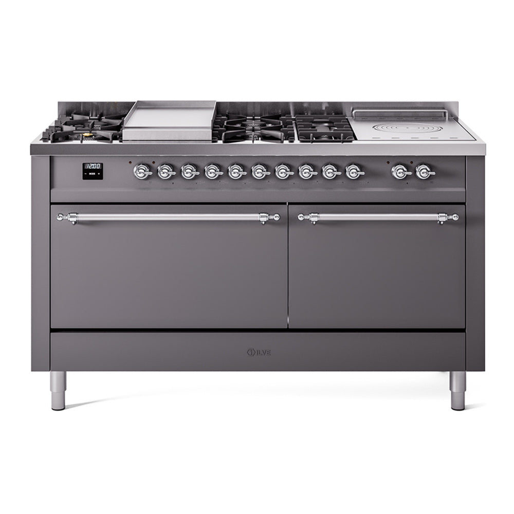 ILVE Nostalgie II 60-Inch Propane Gas Dual Fuel Range with 7 Burners, Griddle, & French Top with Solid Door Oven in Matte Graphite with Chrome Trim (UP60FSQNMPMGCLP)