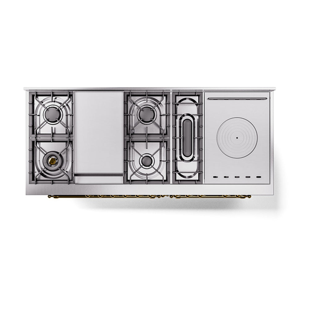 ILVE Nostalgie II 60-Inch Propane Gas Dual Fuel Range with 7 Burners, Griddle, & French Top with Solid Door Oven in Matte Graphite with Brass Trim (UP60FSQNMPMGGLP)