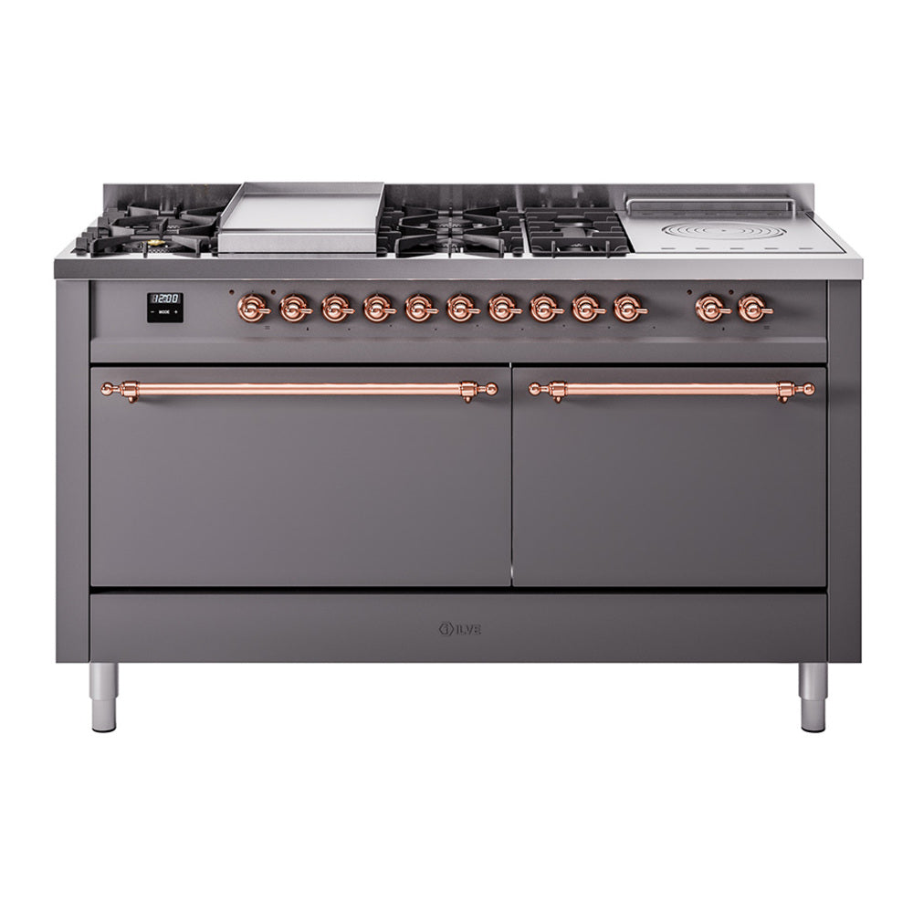 ILVE Nostalgie II 60-Inch Propane Gas Dual Fuel Range with 7 Burners, Griddle, & French Top with Solid Door Oven in Matte Graphite with Copper Trim (UP60FSQNMPMGPLP)