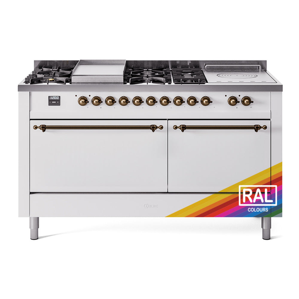 ILVE Nostalgie II 60-Inch Propane Gas Dual Fuel Range with 7 Burners, Griddle, & French Top with Solid Door Oven in Custom RAL with Bronze Trim (UP60FSQNMPRABLP)