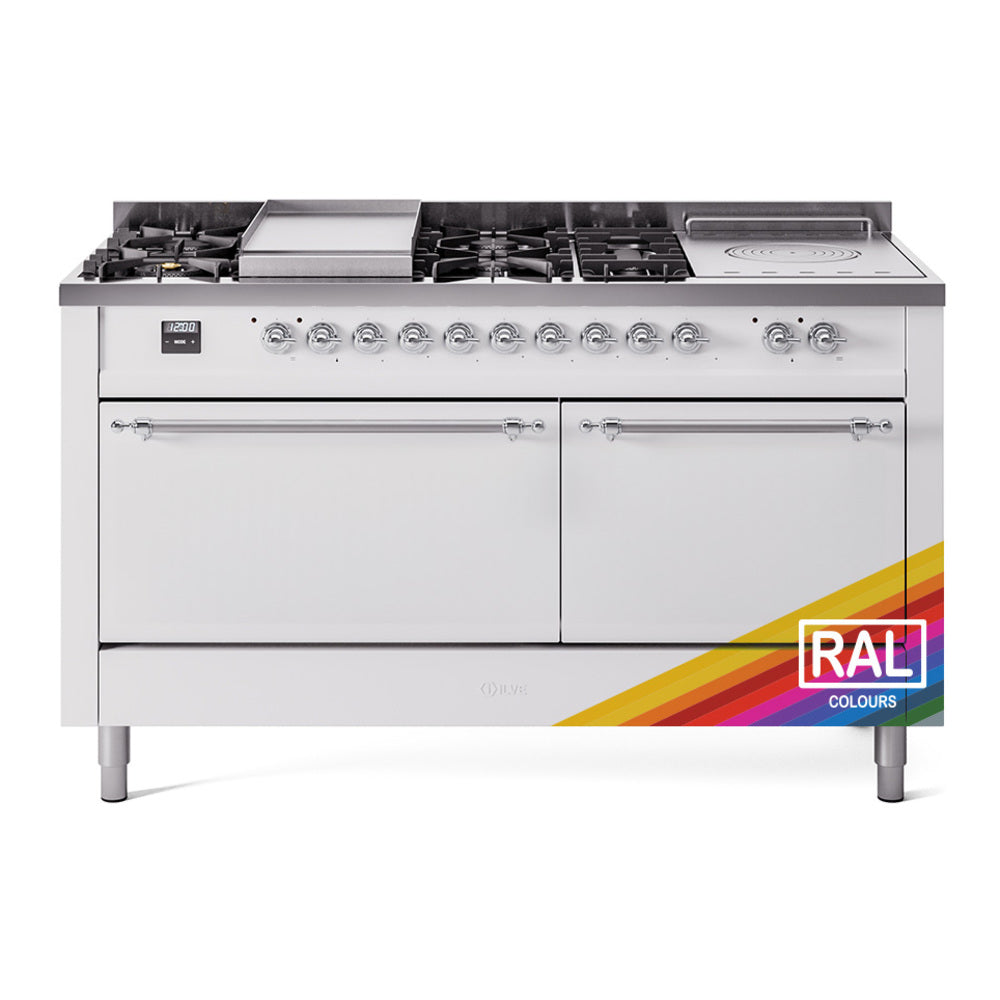 ILVE Nostalgie II 60-Inch Propane Gas Dual Fuel Range with 7 Burners, Griddle, & French Top with Solid Door Oven in Custom RAL with Chrome Trim (UP60FSQNMPRACLP)