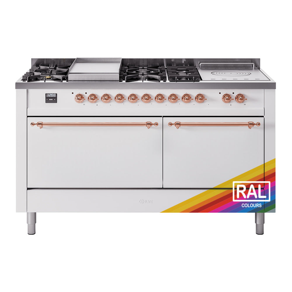 ILVE Nostalgie II 60-Inch Propane Gas Dual Fuel Range with 7 Burners, Griddle, & French Top with Solid Door Oven in Custom RAL with Copper Trim (UP60FSQNMPRAPLP)