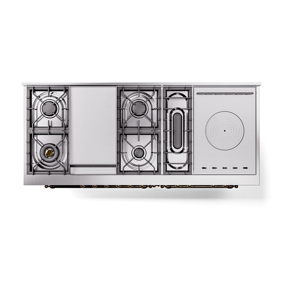 ILVE Nostalgie II 60-Inch Propane Gas Dual Fuel Range with 7 Burners, Griddle, & French Top with Solid Door Oven in Stainless Steel with Bronze Trim (UP60FSQNMPSSBLP)