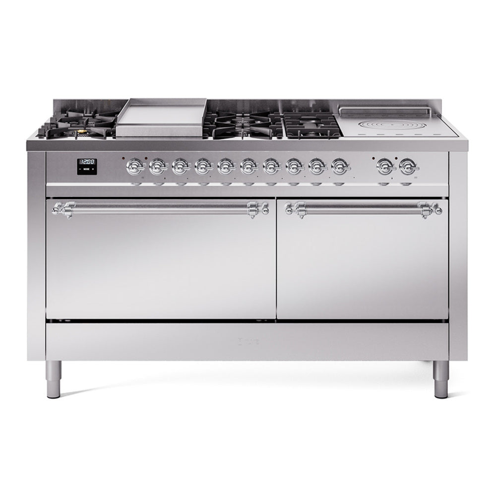 ILVE Nostalgie II 60-Inch Propane Gas Dual Fuel Range with 7 Burners, Griddle, & French Top with Solid Door Oven in Stainless Steel with Chrome Trim (UP60FSQNMPSSCLP)