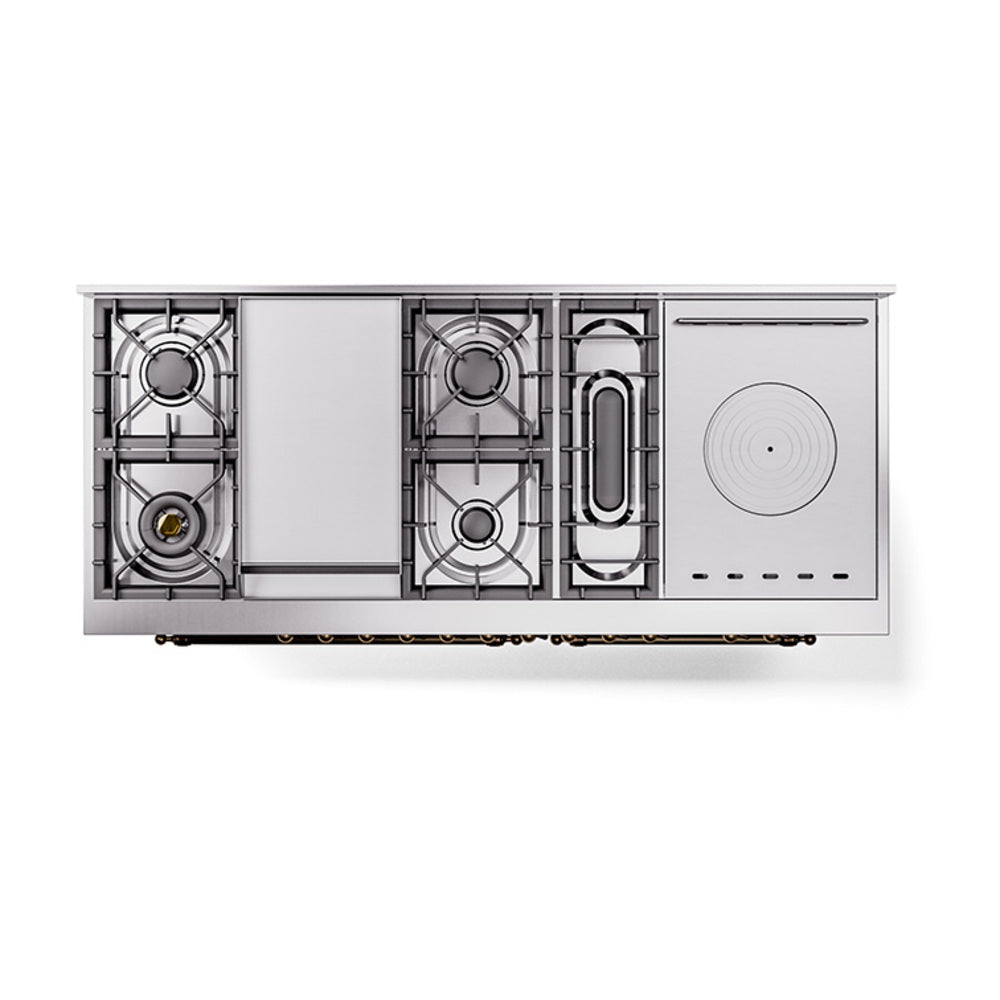 ILVE Nostalgie II 60-Inch Propane Gas Dual Fuel Range with 7 Burners, Griddle, & French Top with Solid Door Oven in White with Bronze Trim (UP60FSQNMPWHBLP)