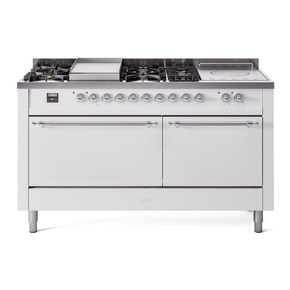 ILVE Nostalgie II 60-Inch Propane Gas Dual Fuel Range with 7 Burners, Griddle, & French Top with Solid Door Oven in White with Chrome Trim (UP60FSQNMPWHCLP)