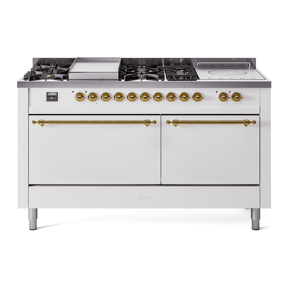 ILVE Nostalgie II 60-Inch Propane Gas Dual Fuel Range with 7 Burners, Griddle, & French Top with Solid Door Oven in White with Brass Trim (UP60FSQNMPWHGLP)