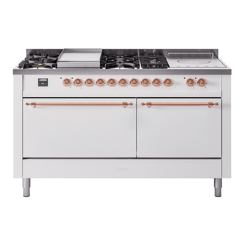 ILVE Nostalgie II 60-Inch Propane Gas Dual Fuel Range with 7 Burners, Griddle, & French Top with Solid Door Oven in White with Copper Trim (UP60FSQNMPWHPLP)