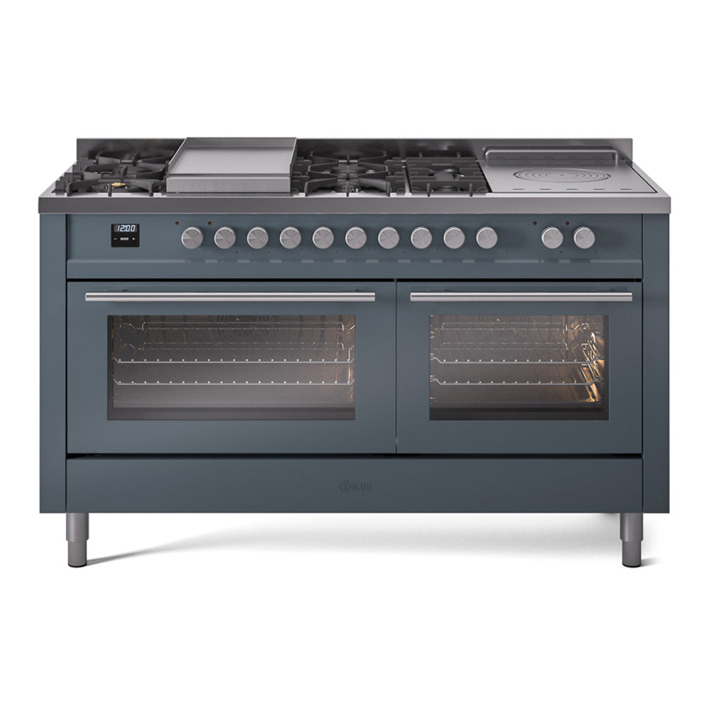 ILVE Professional Plus II 60-Inch Propane Gas Dual Fuel Range with 7 Burners, Griddle, & French Top with Triple Glass Door Oven in Blue Grey (UP60FSWMPBGLP)
